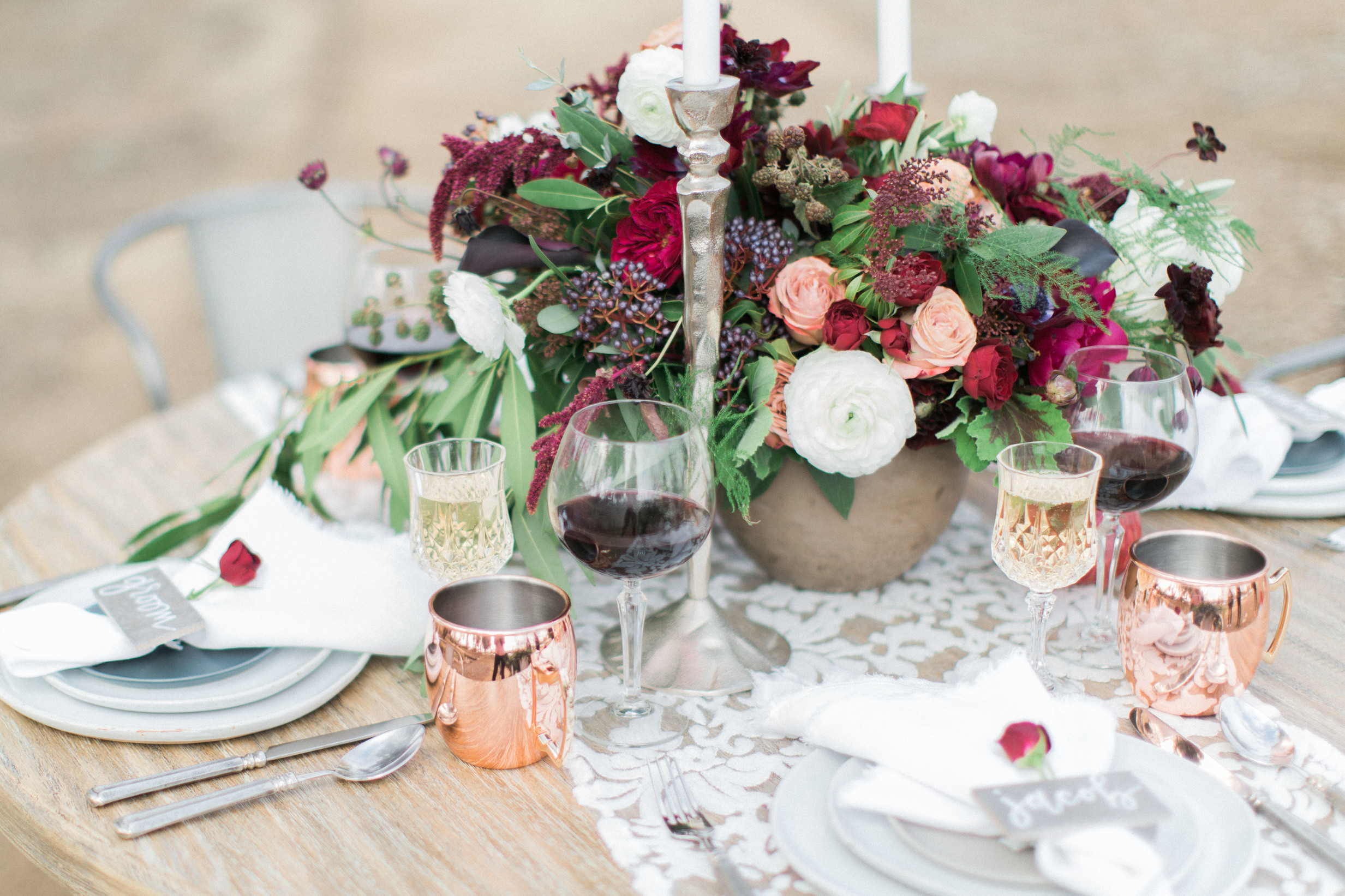 Burgundy and Merlot wedding table setting