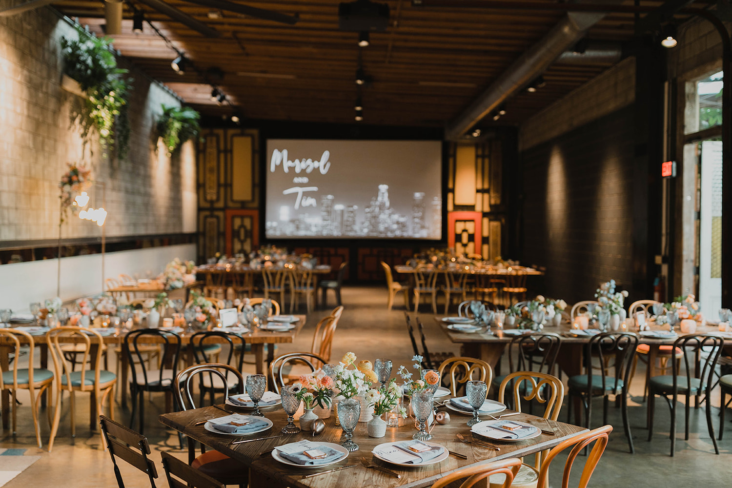 Modern Tropical Smogshoppe Wedding with Wooden Tables